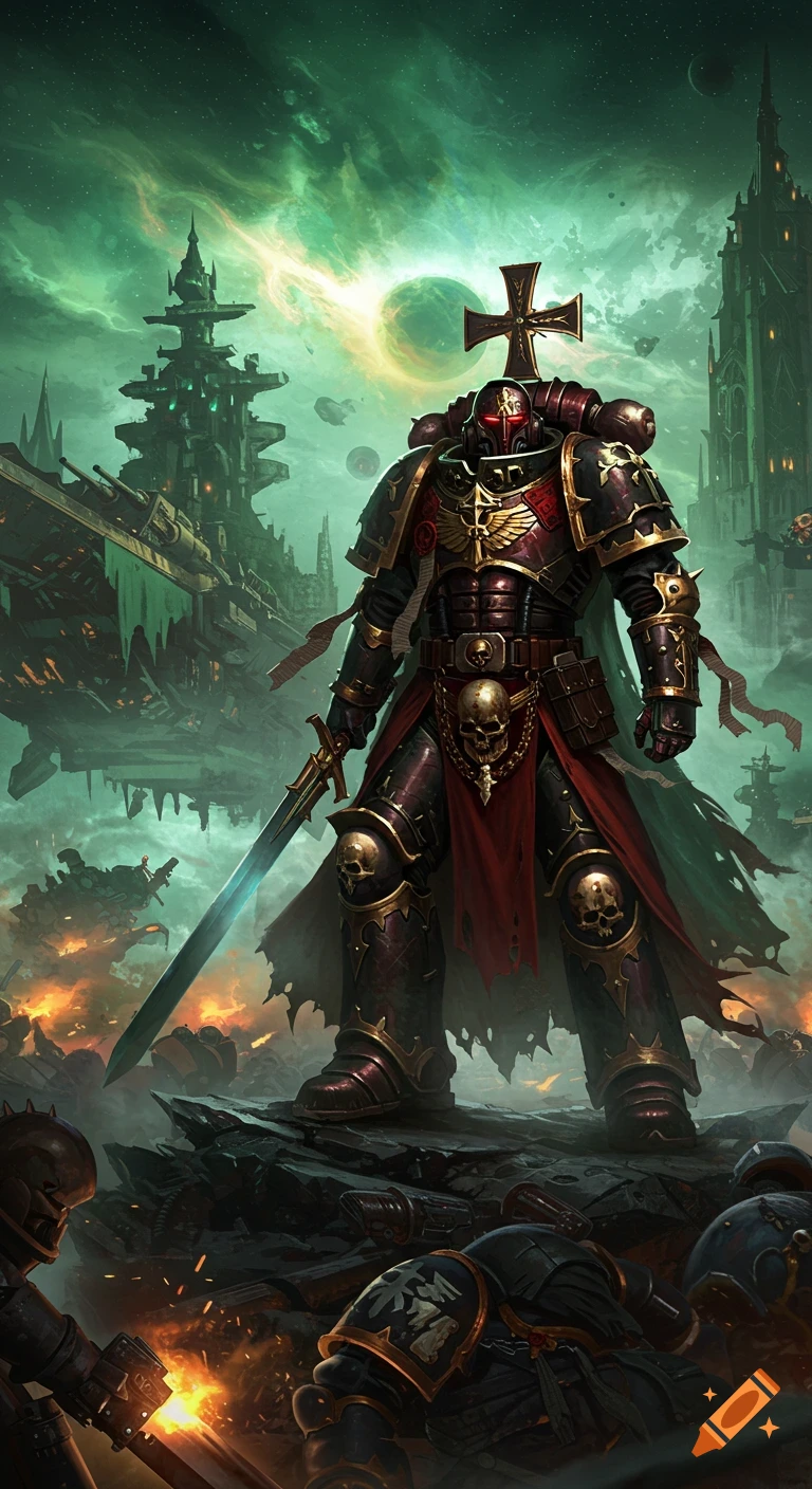 A heavily armored warrior with a cross on his helmet stands wielding a sword over fallen enemies in a ruined city under a green sky.