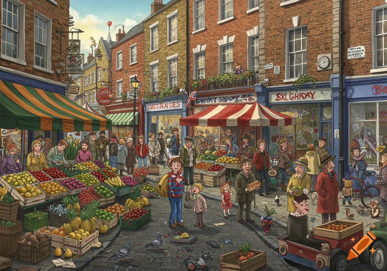 A busy, colorful illustration of a street market with many people browsing fruit and vegetable stalls and shops in a style reminiscent of Where's Wally.