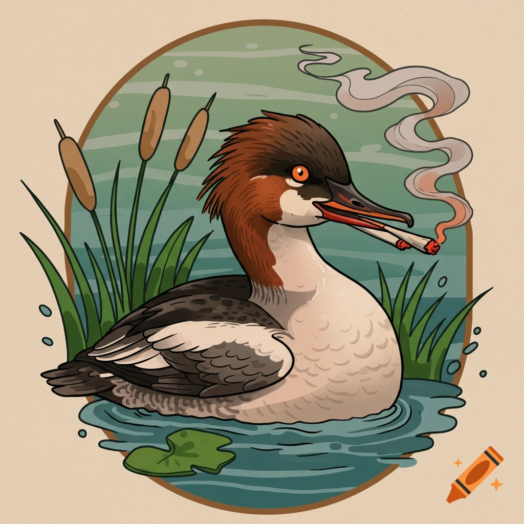 A neo-traditional tattoo illustration of a merganser duck smoking a joint in a pond with cattails.
