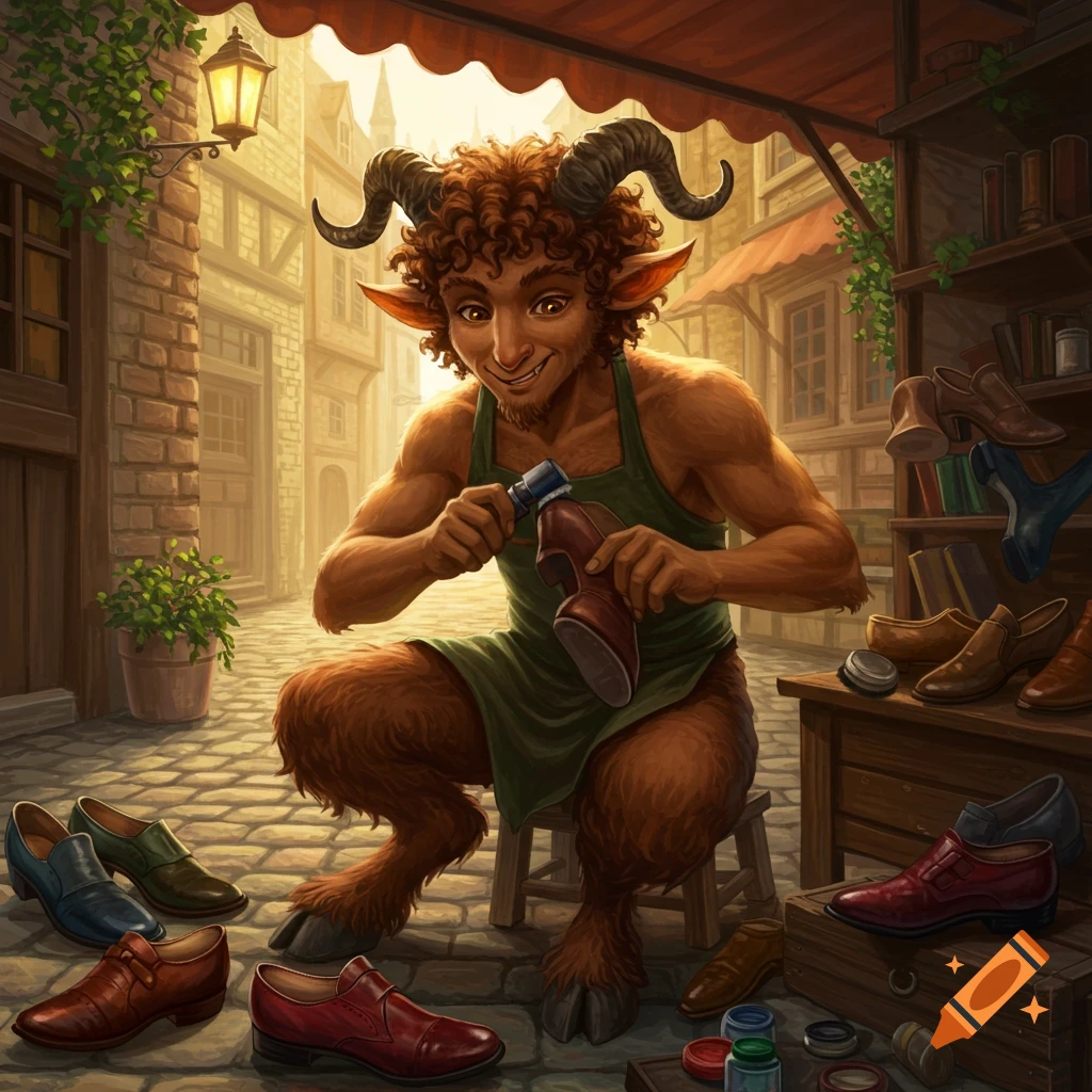 A smiling satyr wearing an apron polishes a shoe on a cobblestone street, surrounded by various shoes.
