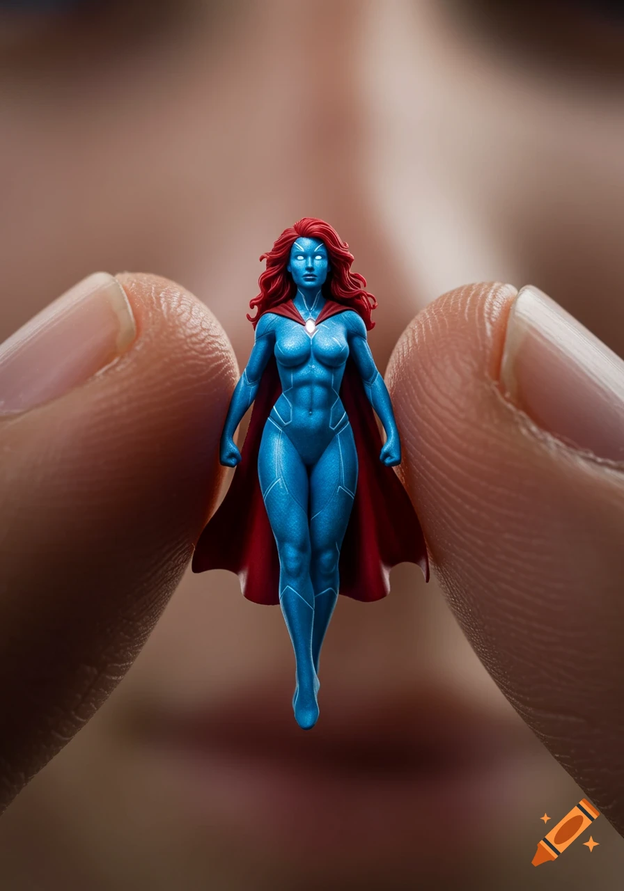 A photorealistic miniature of a blue-skinned, red-haired superheroine held between two human fingertips.