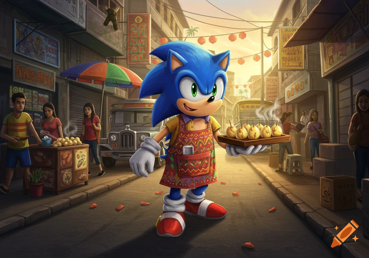Sonic the Hedgehog, wearing a red apron, holds a tray of balut in a bustling street market at sunset.