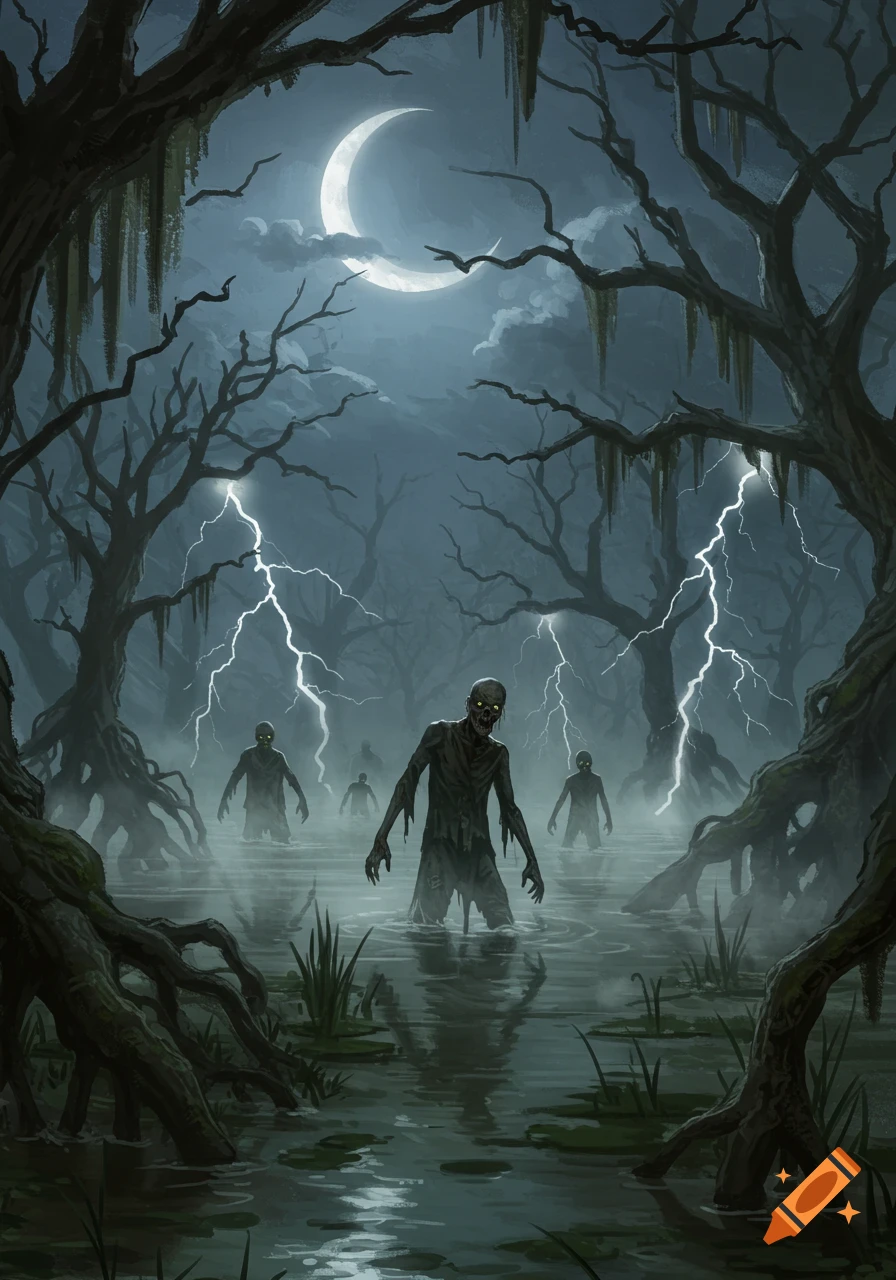 Creeping zombies emerge from a dark, misty swamp under a crescent moon and lightning.