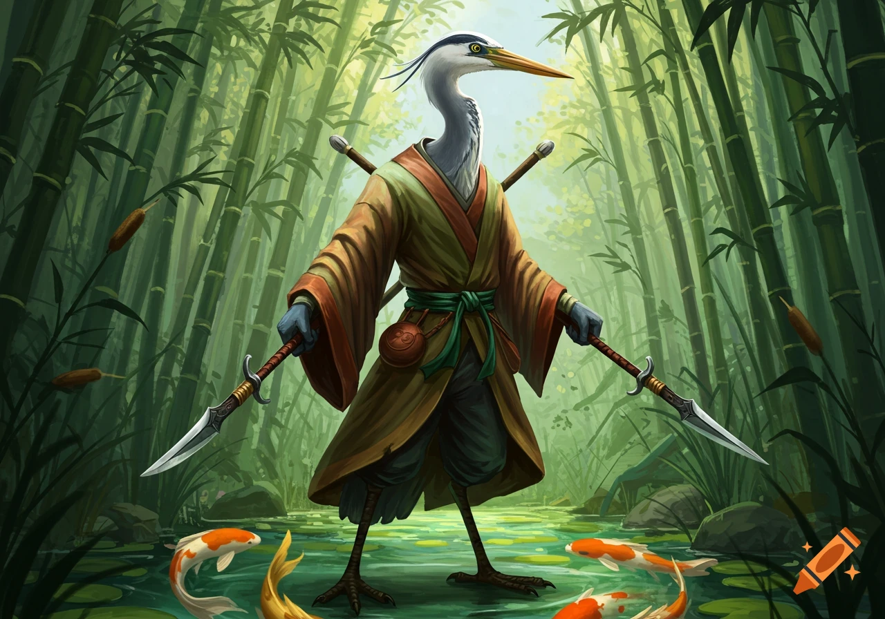 An anthropomorphic Chinese pond heron in a kimono wielding two javelins stands in a pond with koi fish in a bamboo forest, digital painting style.