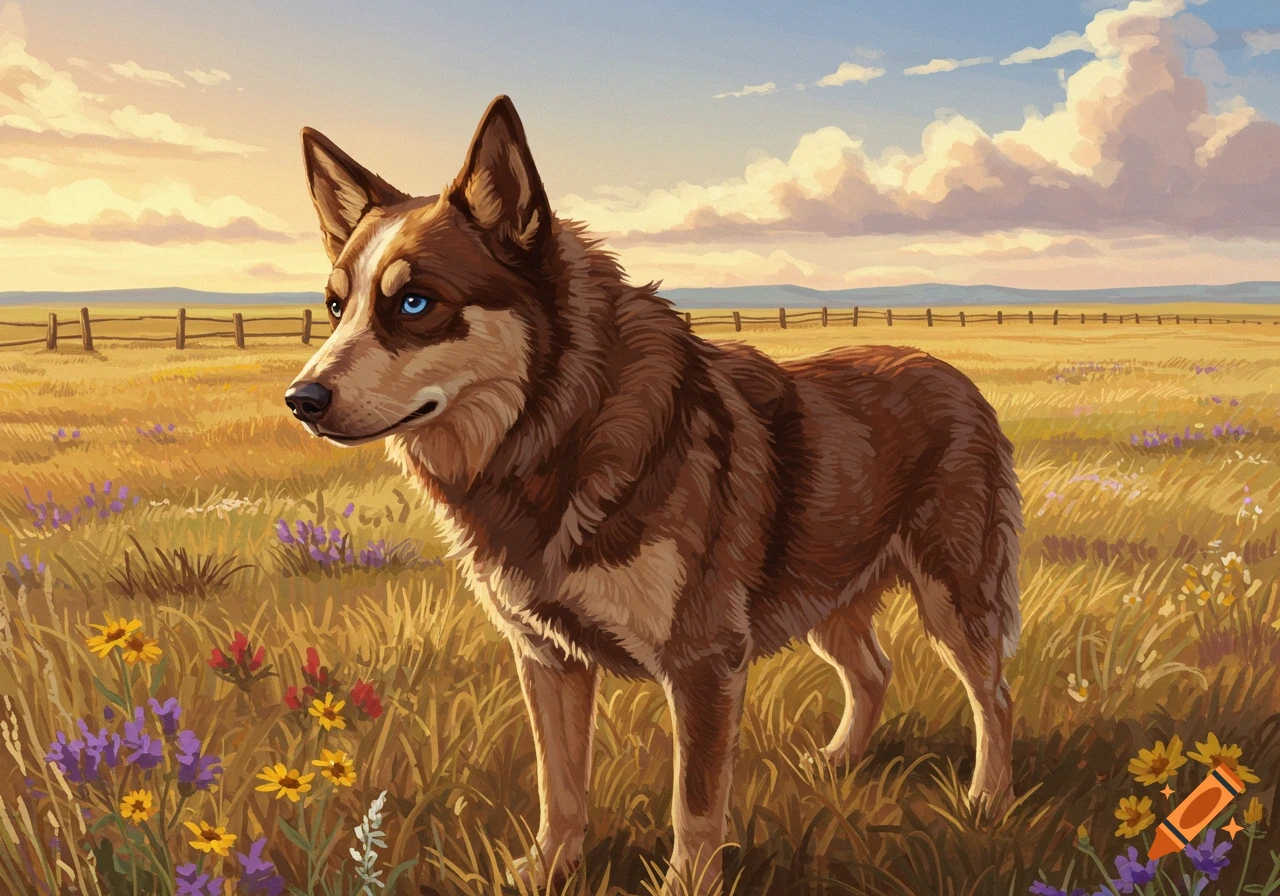 A brown dog with blue eyes stands in a field of tall grass and wildflowers under a sunset sky.
