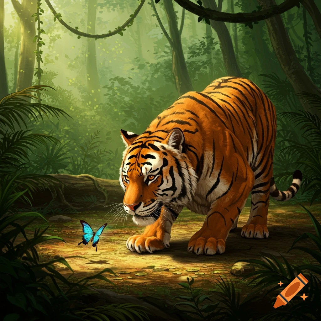 A majestic tiger with vibrant orange and black stripes crouches on a jungle floor, intently observing a glowing blue butterfly.