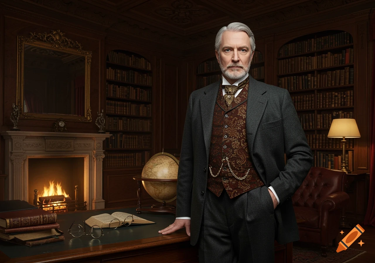 A distinguished man with gray hair and a beard, wearing a dark suit and patterned vest, stands in a classic wood-paneled library with a fireplace and globe.