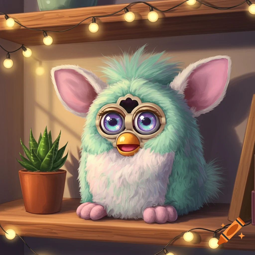 A cute, fluffy light teal and white Furby with big purple eyes sits on a wooden shelf, illuminated by string lights, next to a small potted succulent.