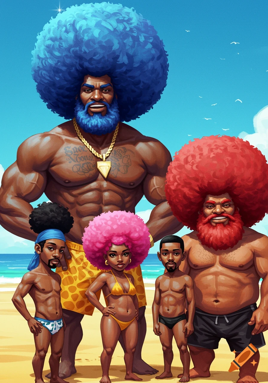 An illustration of a diverse group of five Black people with colorful afros and beards on a sunny beach.