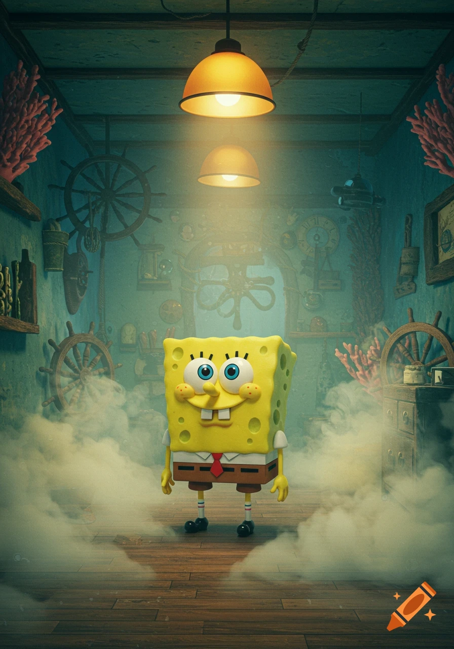 SpongeBob SquarePants stands in a dark, atmospheric room filled with smoke and nautical decor.