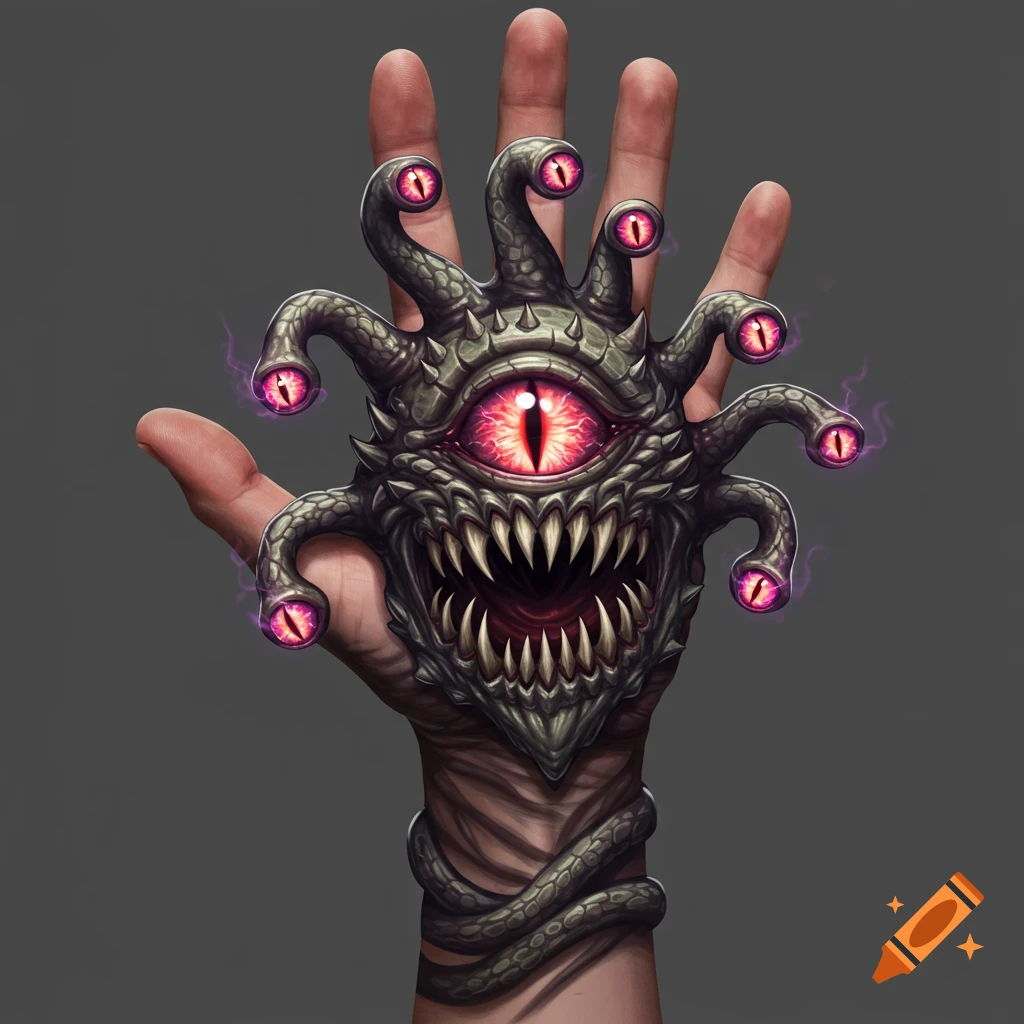 A detailed fantasy illustration of a Beholder-like monster with multiple eyes and jagged teeth on a human hand.