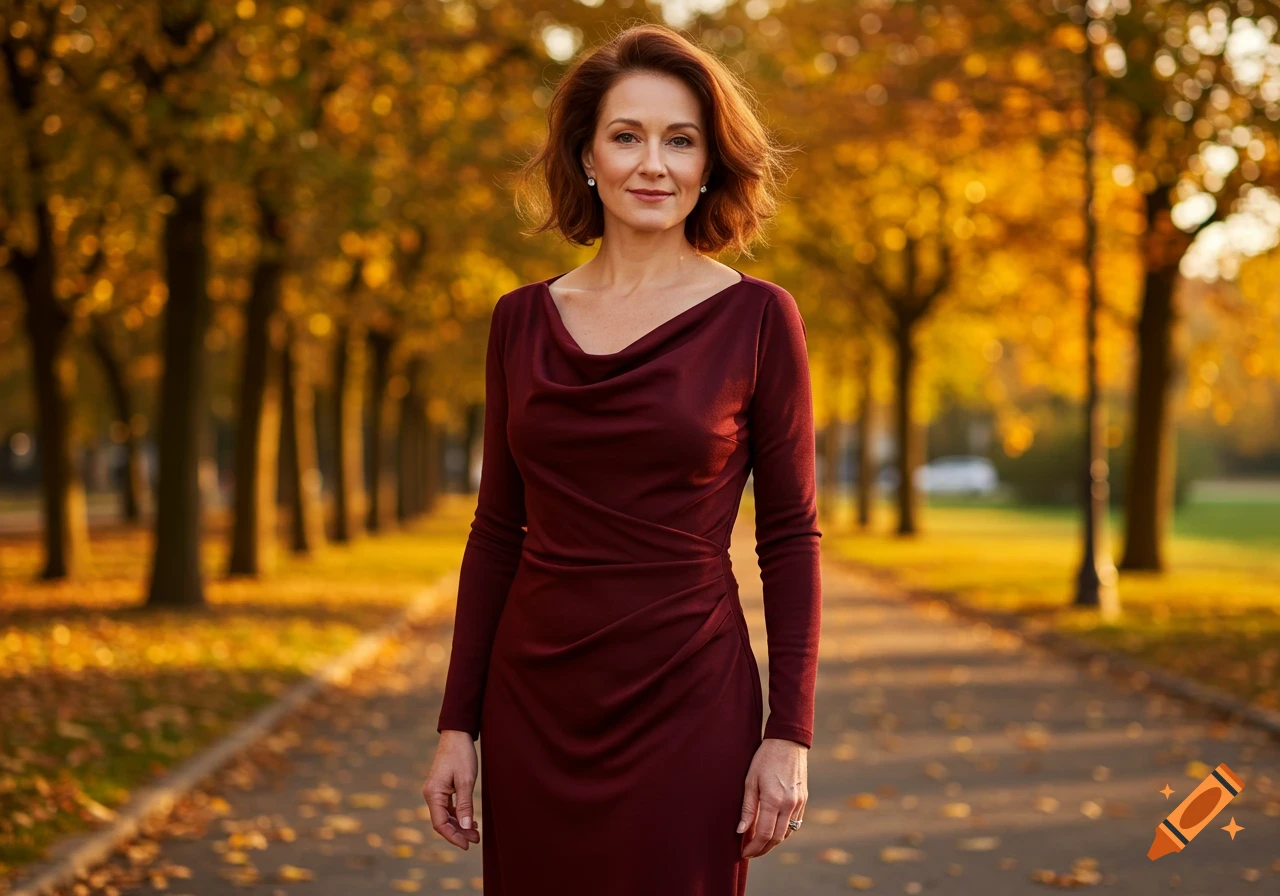 Photorealistic portrait of a woman in a maroon dress standing on an autumn park path lined with golden trees.