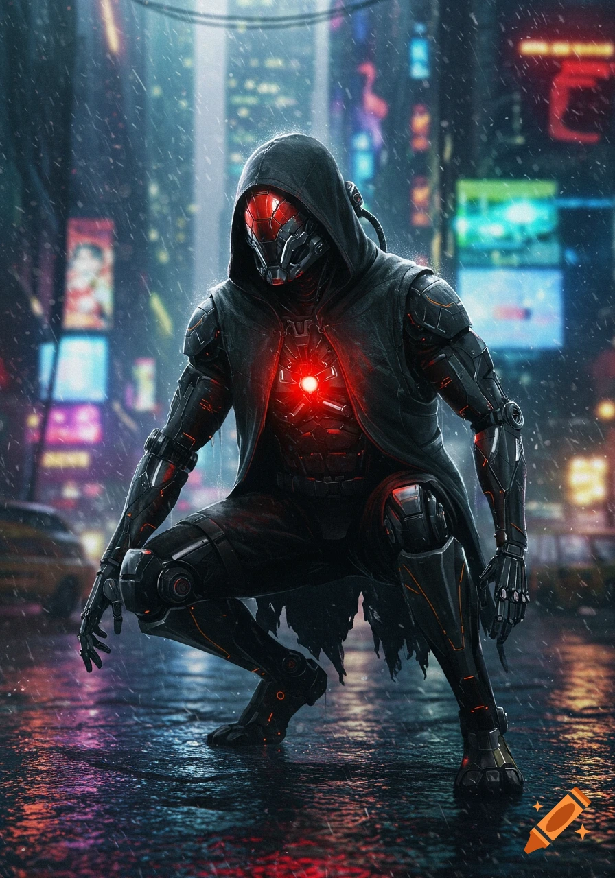 A futuristic armored warrior in a dark hooded cloak and high-tech exosuit crouches in a rainy cyberpunk city street with neon lights.