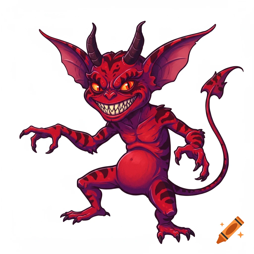 A grinning, red, purple, and black cartoon gremlin with large ears, horns, and sharp teeth, standing on a white background.