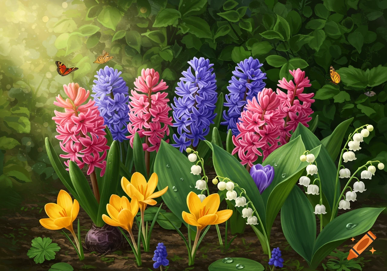 A vibrant garden with pink and purple hyacinths, yellow crocuses, white lily of the valley, and butterflies, bathed in sunlight.