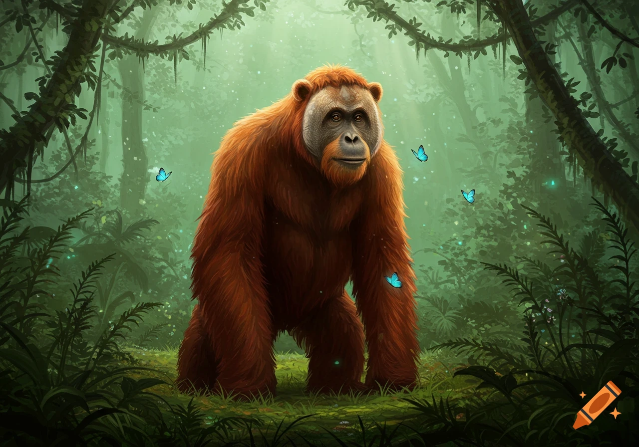 A large, orange orangutan stands in a lush, sunlit jungle with blue butterflies.