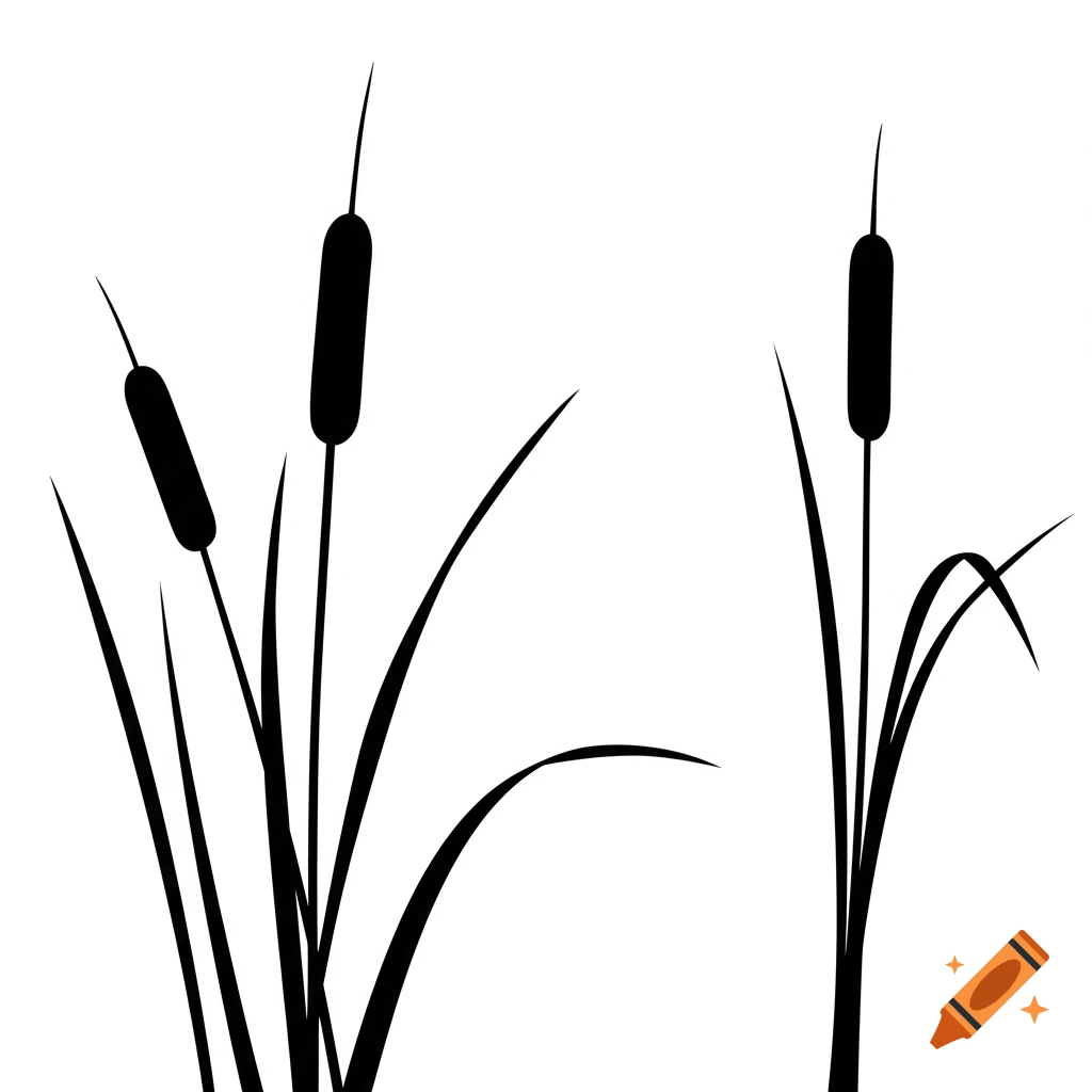 Black silhouettes of cattails with tall leaves against a white background, in a simple clipart style.