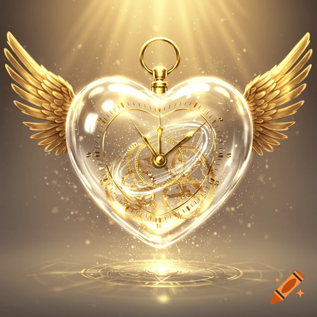 A glowing, clear heart-shaped clock with golden wings and intricate gears, surrounded by golden sparkles.