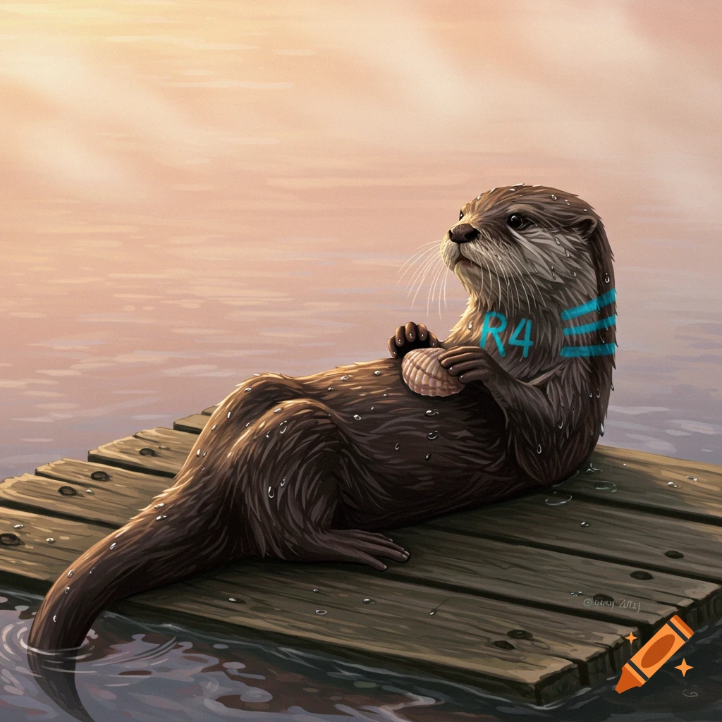 An otter with an R4 marking on its chest sits on a wooden dock at sunset, holding a seashell.