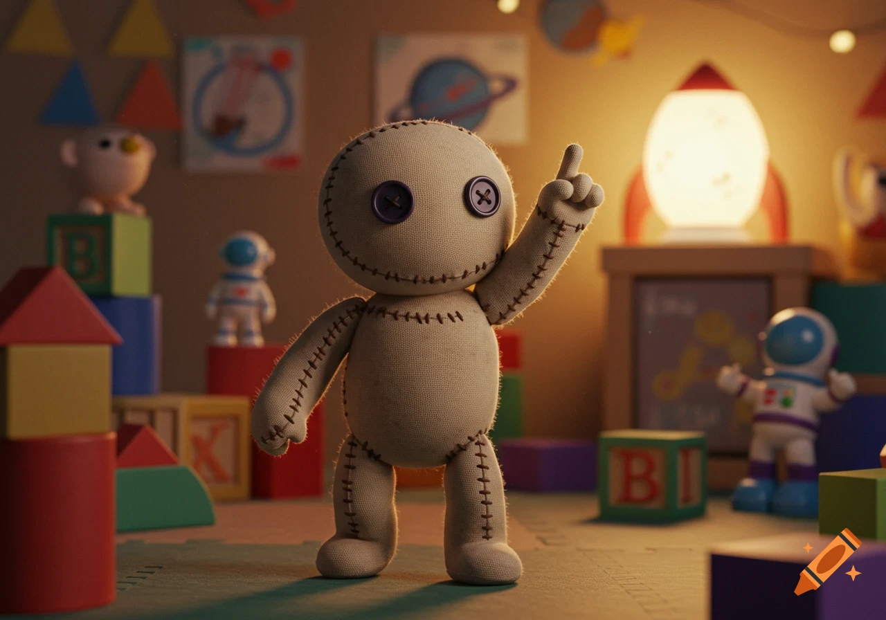 A beige fabric doll with button eyes and stitched seams points upward in a dimly lit playroom, surrounded by colorful building blocks and a rocket lamp.