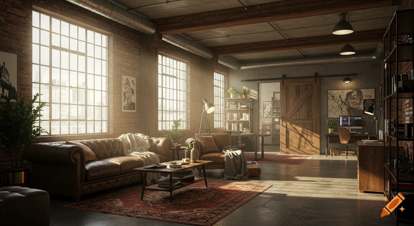 A spacious, sunlit urban loft living room with exposed brick walls, leather furniture, and a desk area.