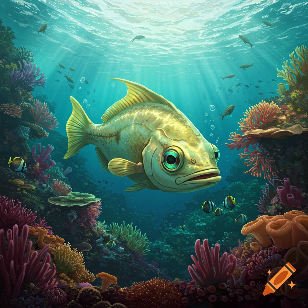 A large, stylized fish with big eyes swims in a vibrant coral reef, with sunlight streaming from the water's surface.