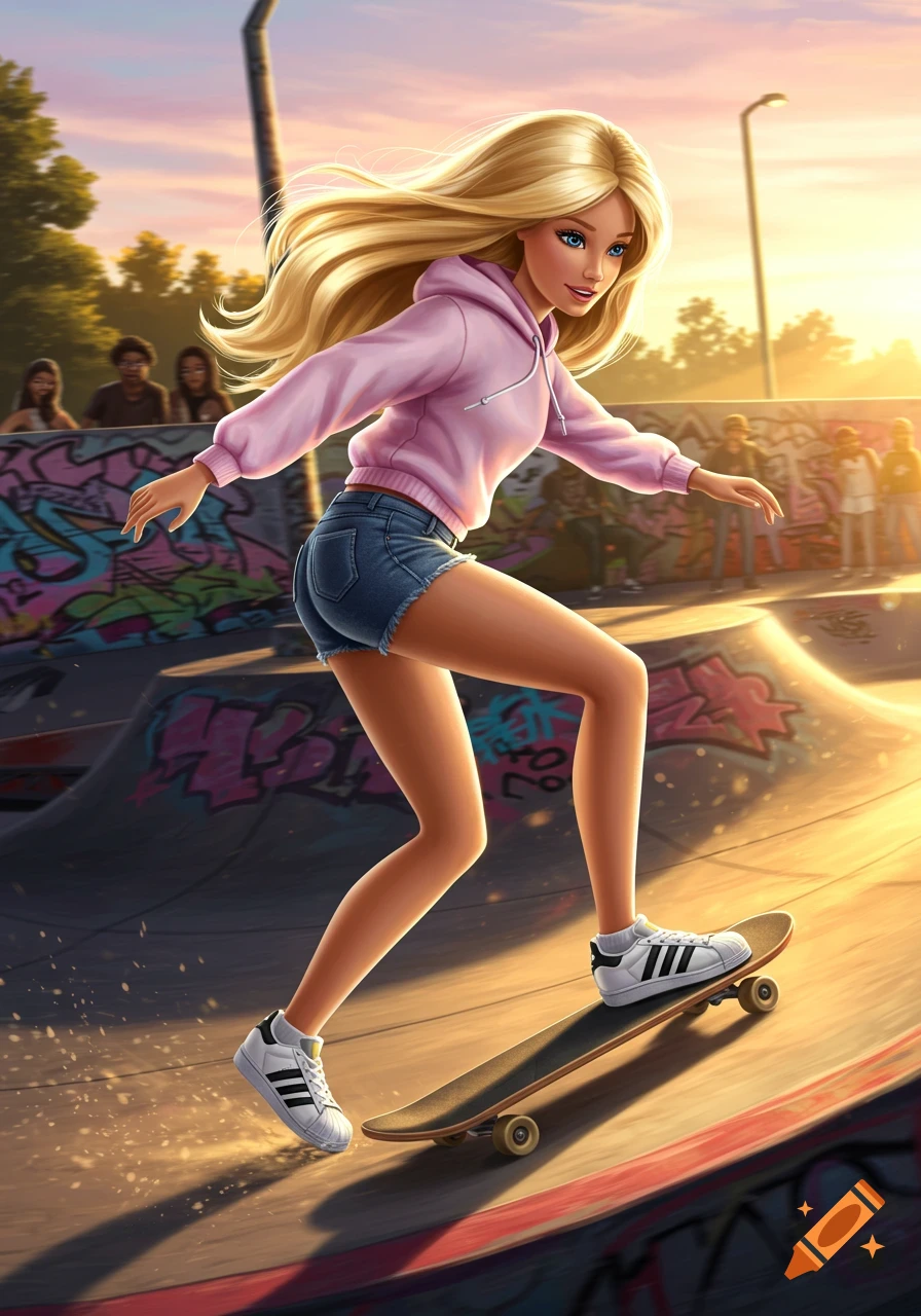 A stylized Barbie doll character with long blonde hair skates on a ramp in a vibrant skatepark at sunset, wearing a pink hoodie and denim shorts.
