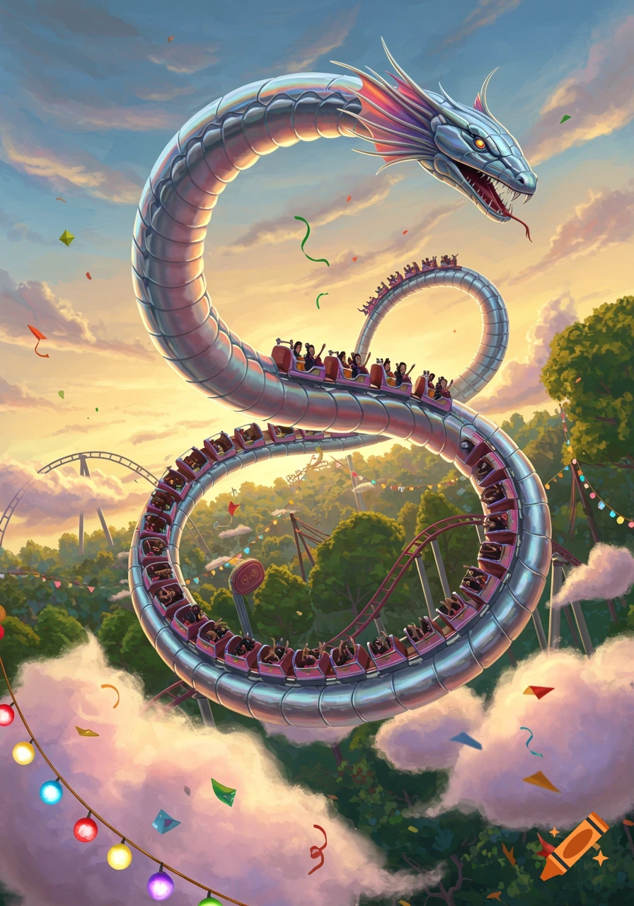 A fantastical rollercoaster shaped like a large silver dragon or snake, winding through an amusement park at sunset.
