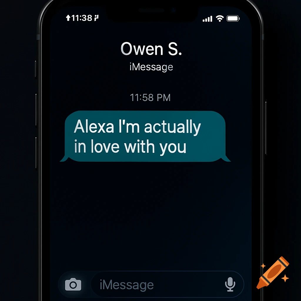 A dark mode iPhone screenshot showing a text message from Owen S. saying 'Alexa I’m actually in love with you' received at 11:58 PM.