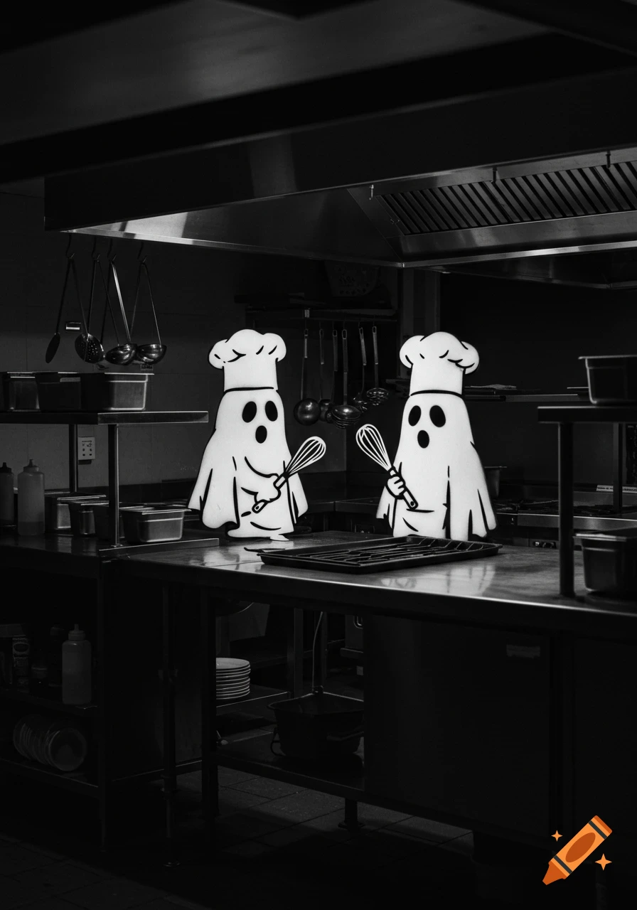 Two minimalist black and white cartoon ghosts wearing chef hats and holding whisks in a high-contrast commercial kitchen at night.