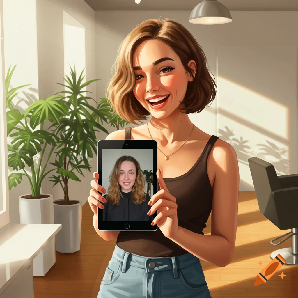 A smiling cartoon woman holds a tablet displaying a photo of another woman, in a bright room with plants.