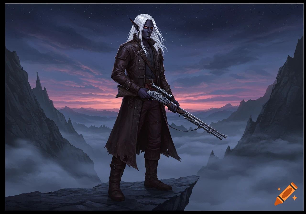 A white-haired drow in a dark leather coat stands on a rocky cliff with a rifle, overlooking a misty mountain range at twilight.