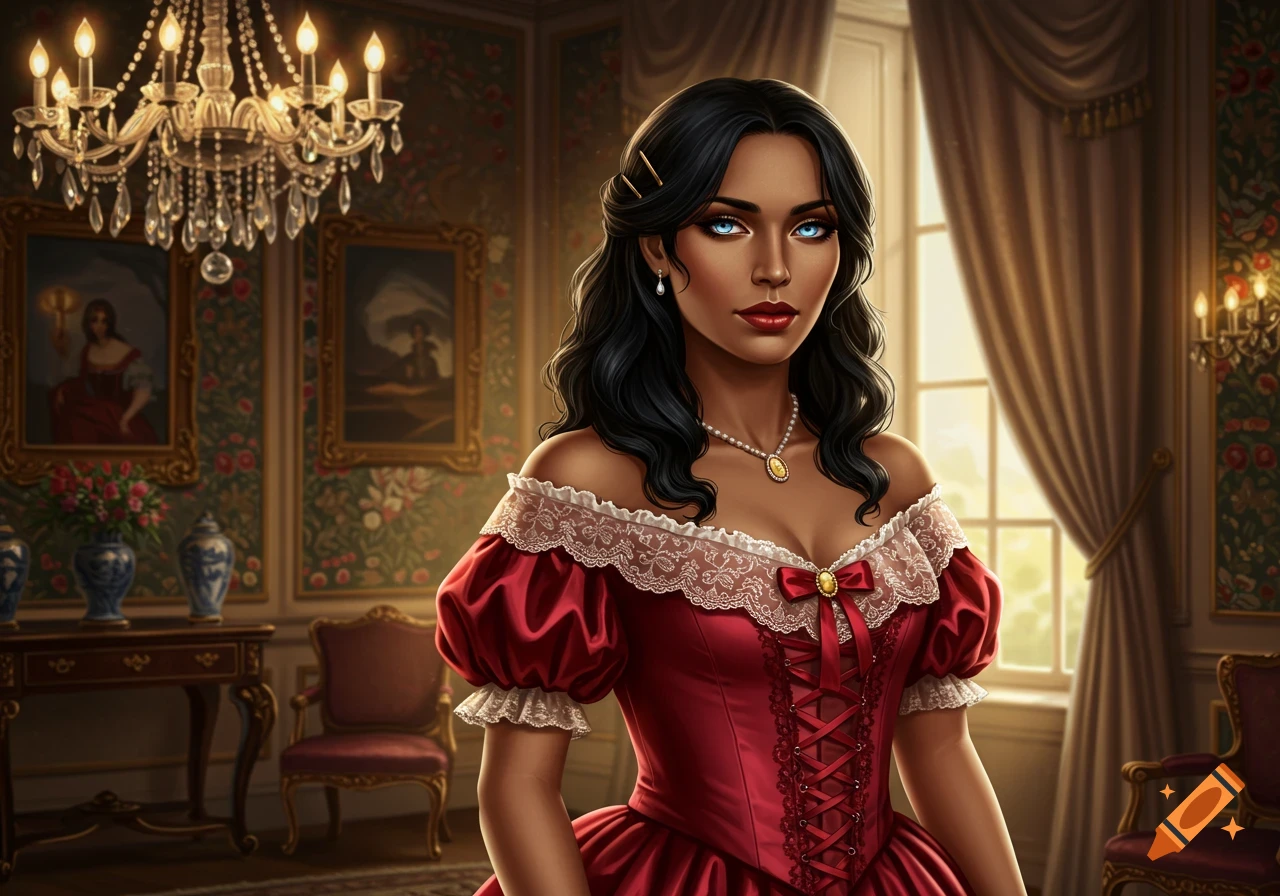 A digital illustration of a woman with tan skin, black hair, and bright blue eyes, wearing an ornate red 1800s dress, standing in a lavish room.