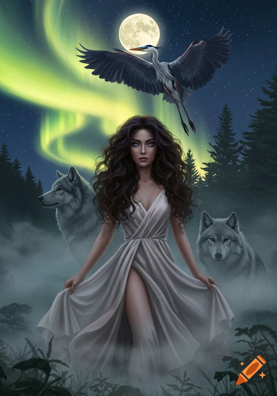 A woman in a flowing white dress stands in a foggy forest with two wolves. A full moon and aurora borealis are in the sky, with a blue heron flying overhead. Stylized art.