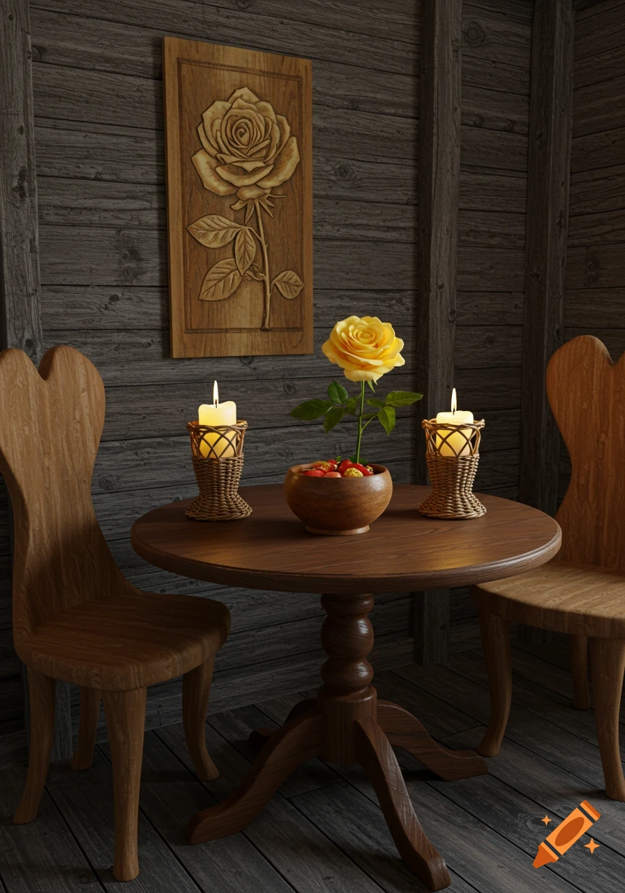 A yellow rose in a wooden bowl with candles on a round wooden table, set against a rustic wooden wall with a carved rose panel and two wooden chairs.