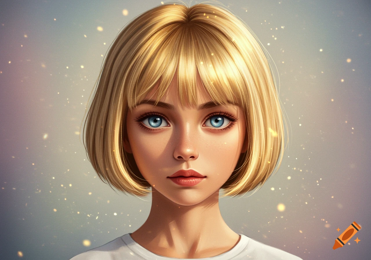 Digital art portrait of a girl with short blonde hair and striking blue eyes, looking directly forward.