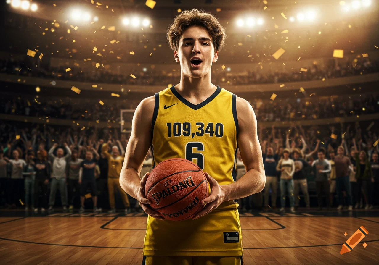 A young male basketball player in a gold jersey holding a ball on a court in a stadium with confetti and cheering fans. Photorealistic.