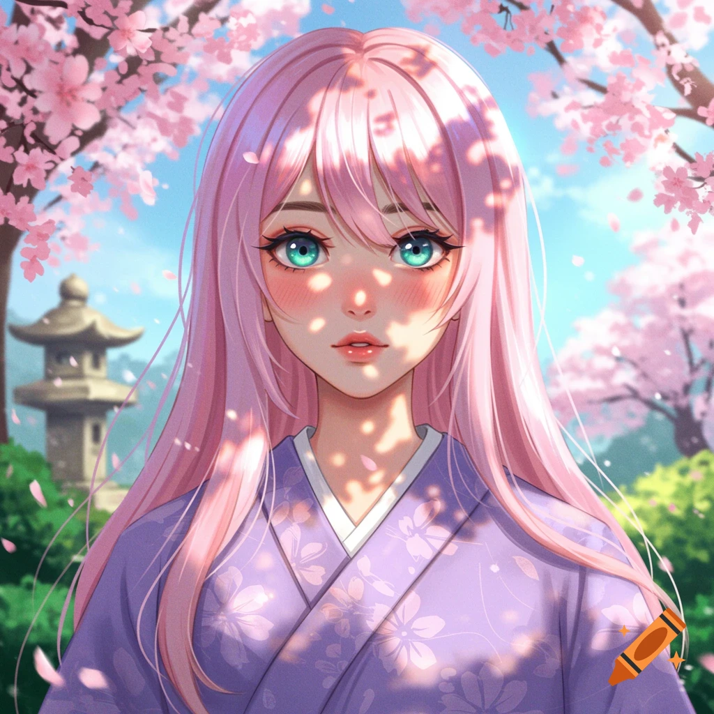 Anime girl with long pink hair and blue eyes in a purple kimono, standing under blooming cherry blossom trees with a pagoda in the background.