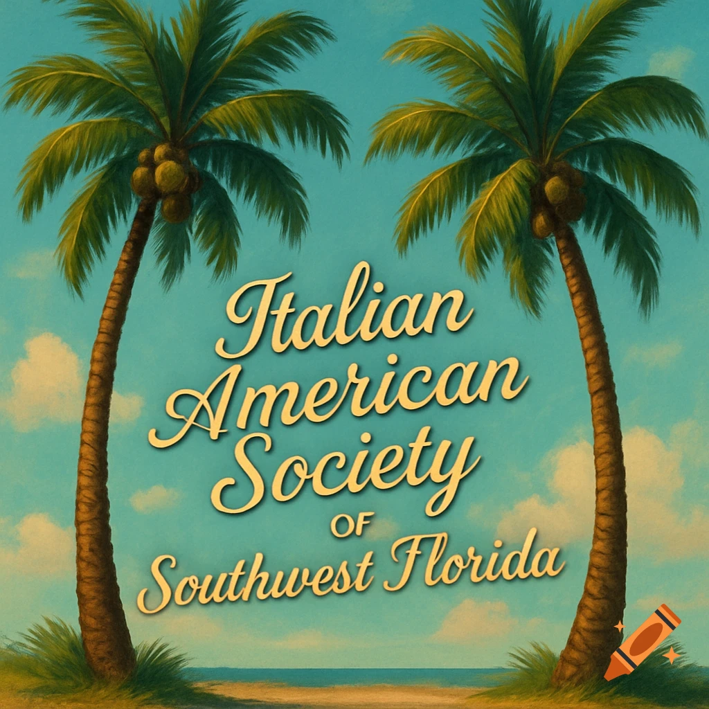 A painting of two palm trees on a beach with the text "Italian American Society of Southwest Florida" against a blue sky.
