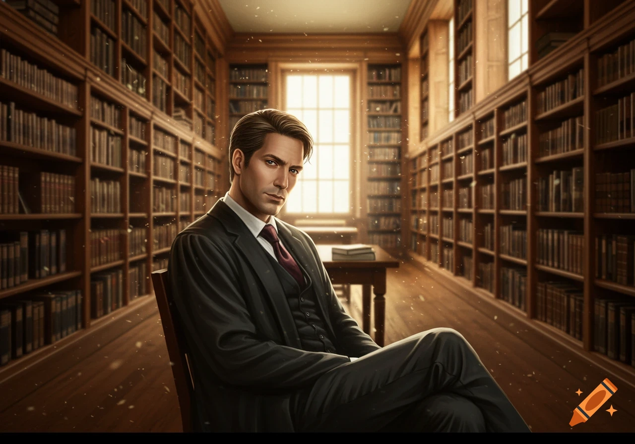 A man in a suit sits in a grand library with sunlight streaming through a large window, surrounded by tall bookshelves.