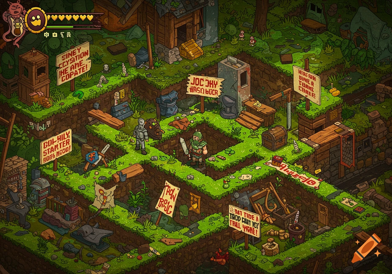 A detailed isometric cartoon illustration of a green-grassed video game maze with a knight character, armored figure, wooden structures, and gibberish signs.