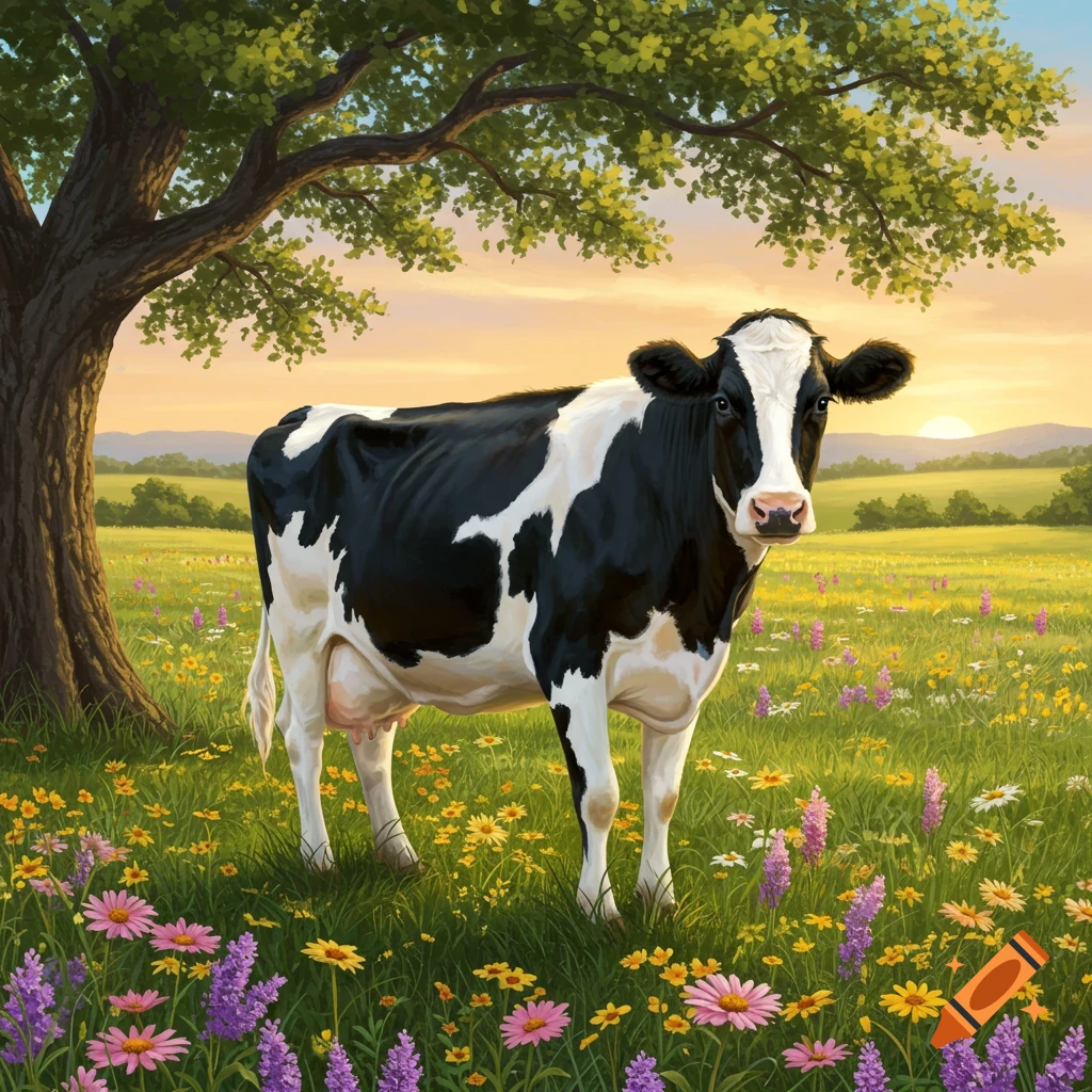 A black and white cow stands in a sunlit field filled with colorful wildflowers, next to a large tree.