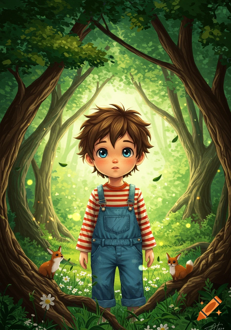A cartoon boy with brown hair and blue eyes stands in a vibrant green forest with two small foxes and glowing light orbs.