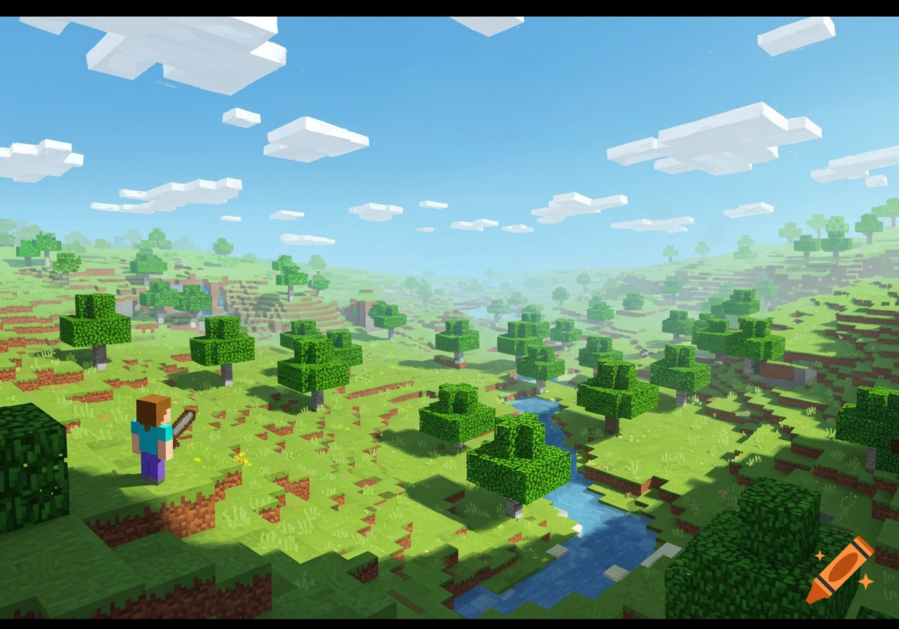 A blocky Minecraft landscape with hills, trees, a river, and Steve holding a sword under a blue sky with clouds.