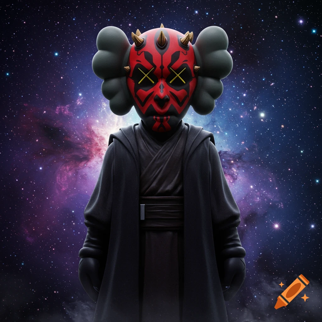 A KAWS-style Darth Maul character with X eyes and horns, wearing a black robe, standing against a colorful space nebula background.