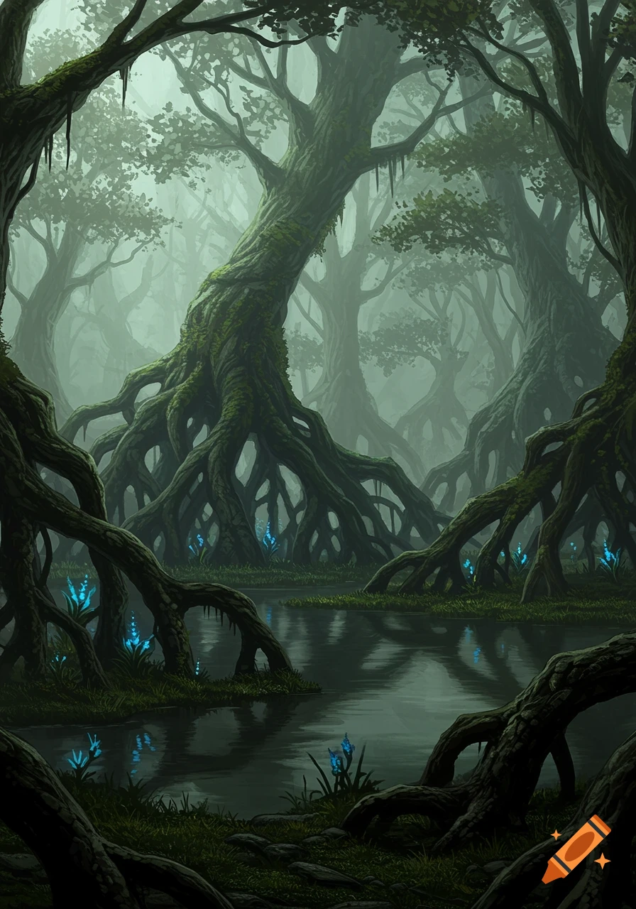 A dark, misty swamp forest with gnarled trees, exposed roots, water reflections, and glowing blue plants.