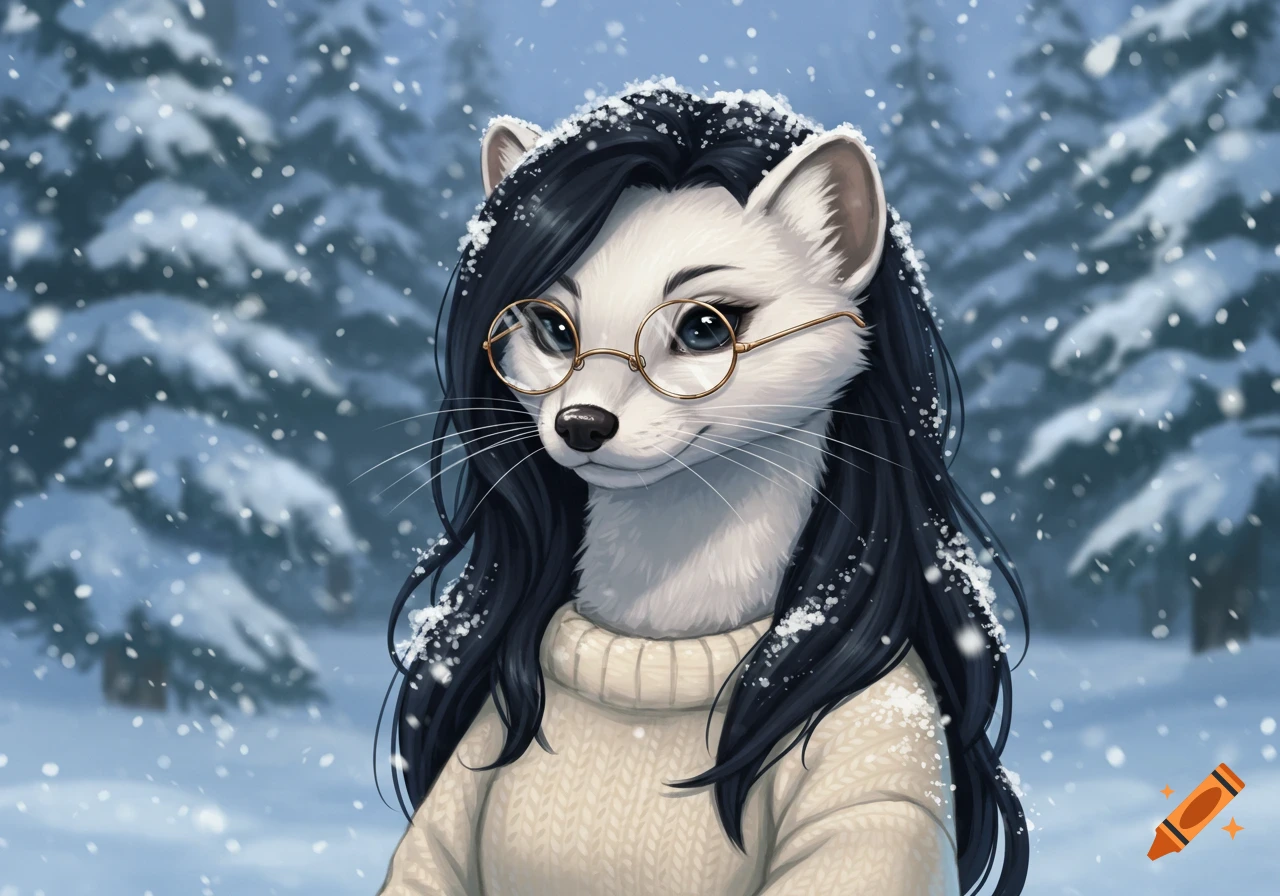 An anthropomorphic white stoat with long black hair and round glasses wears a cream-colored sweater in a snowy forest.
