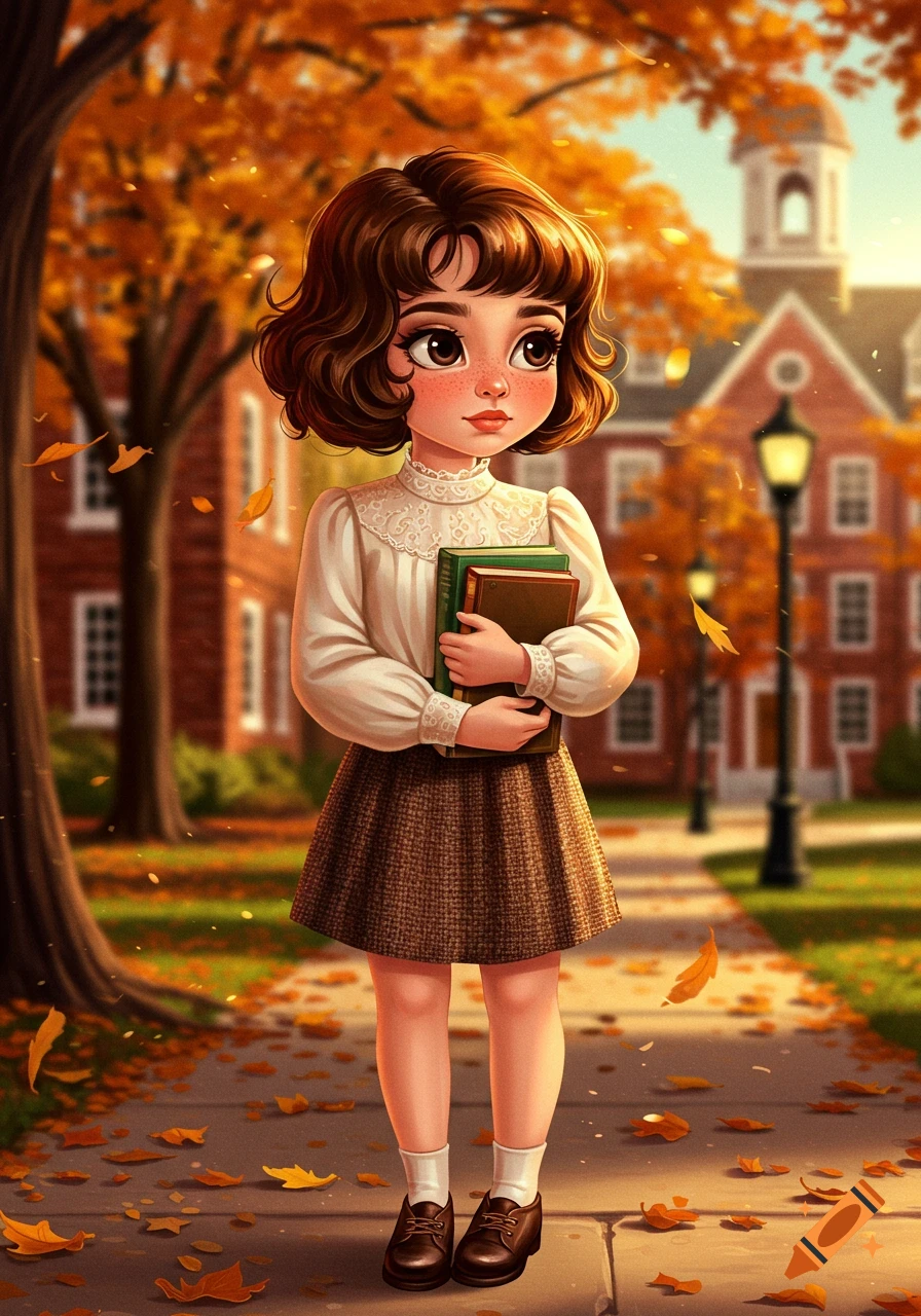 A cute cartoon girl with brown hair holds books while standing on a school campus path with autumn leaves.