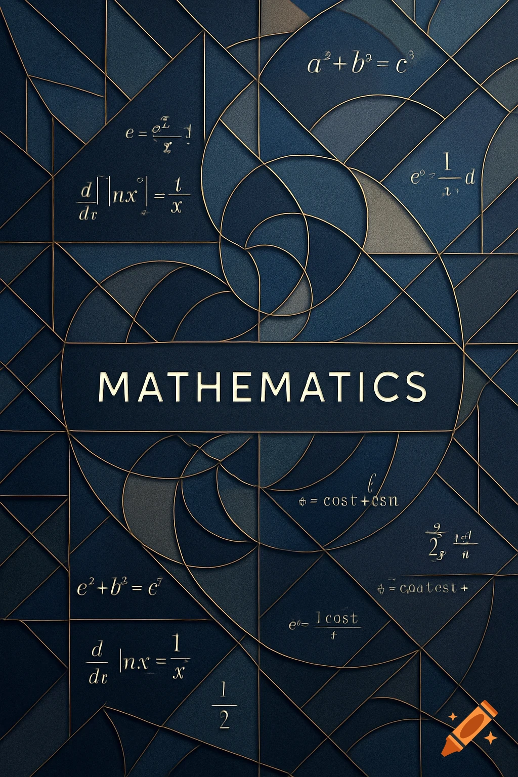 A dark blue geometric pattern forms a backdrop for mathematical equations and symbols in gold, with 'MATHEMATICS' written in the center.
