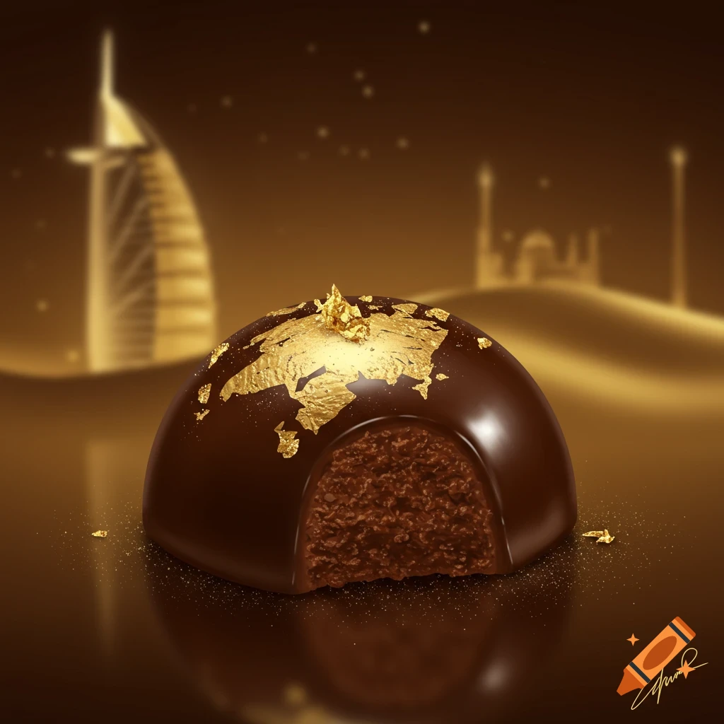 A luxurious chocolate truffle with a bite taken out, covered in gold leaf, against a blurred background of Dubai's cityscape.